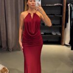 Gold Detaylı Drepeli Bordo Elbise