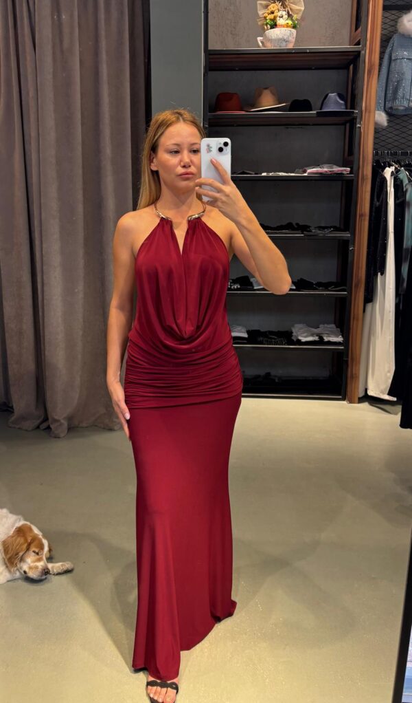 Gold Detaylı Drepeli Bordo Elbise