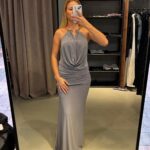 Gold Detaylı Drepeli Gri Elbise